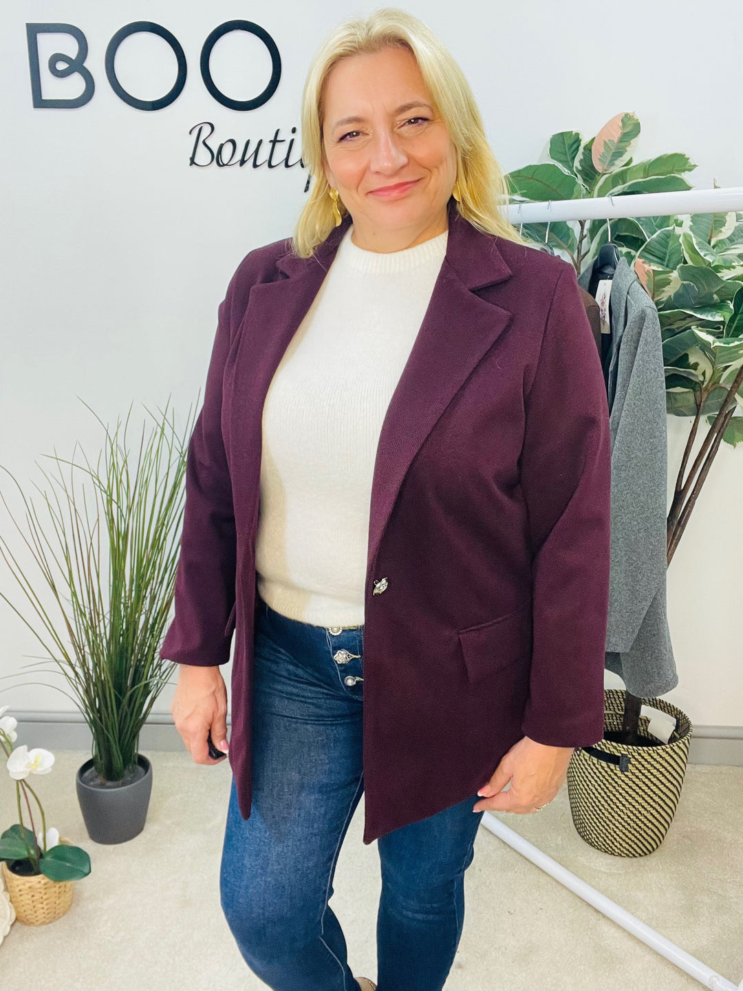 LADIES HERRINGBONE FASHION BLAZER - PLUM, GREY, BEIGE & BROWN