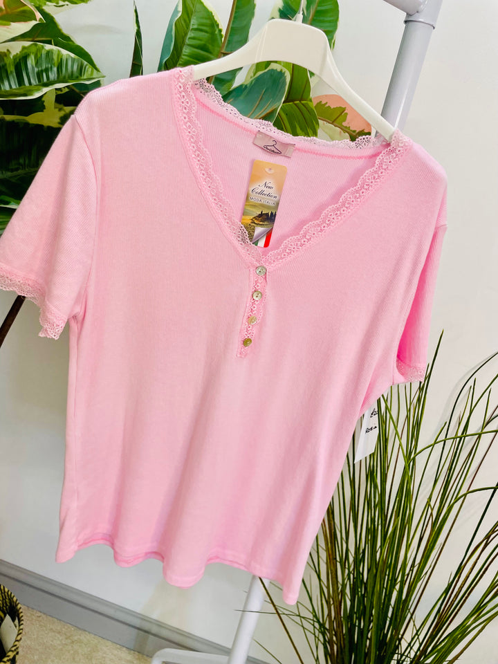 LADIES LACE EDGE STRETCH RIBBED T SHIRT WHITE, LEMON, PINK, BLUE & TAUPE