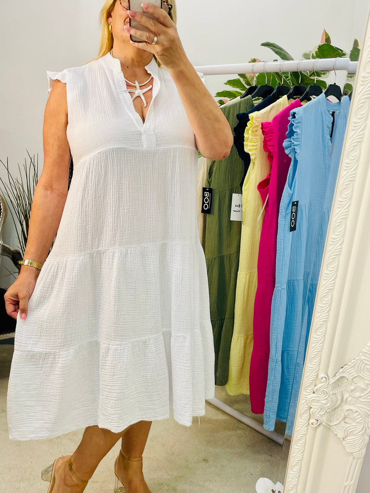 LADIES CHEESECLOTH SMOCK SUMMER MIDI DRESS - LEMON, WHITE, PINK, NAVY, BLUE, KHAKI, BEIGE