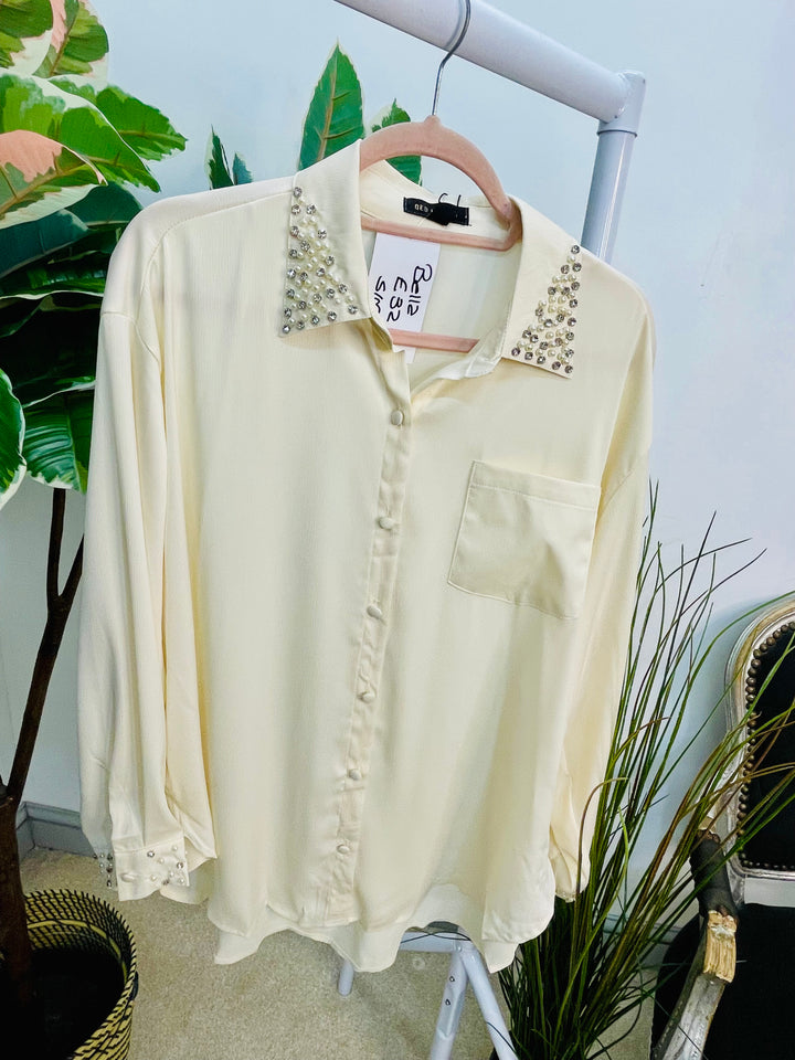 LADIES SILKY PEARL DIAMANTE SHIRT BLOUSE - CREAM & BLACK