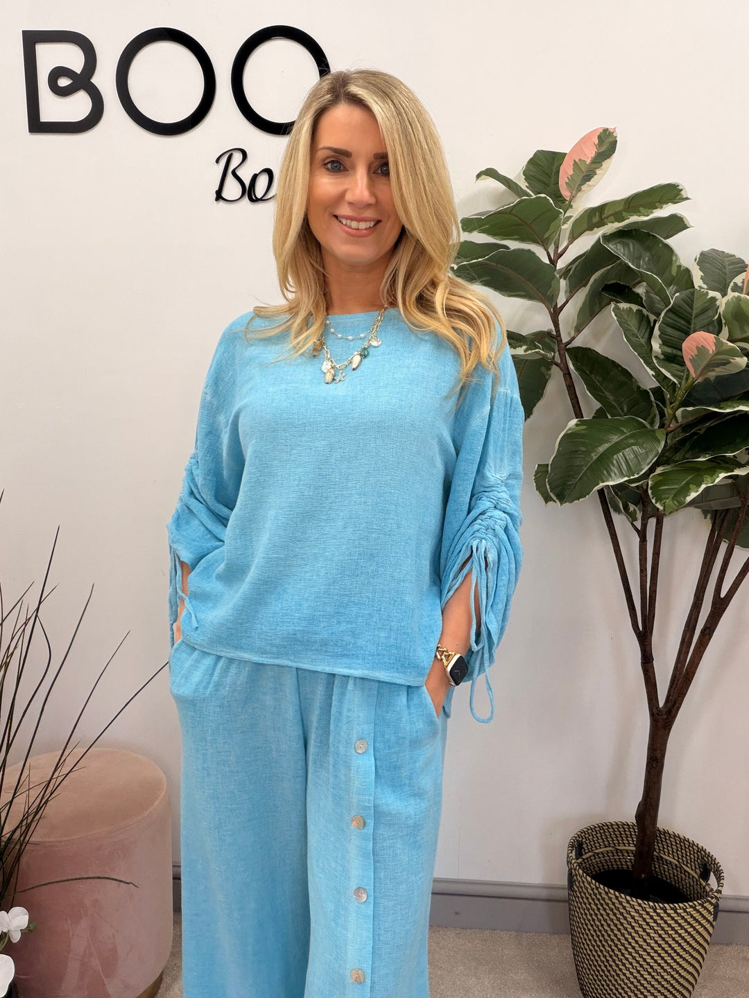 Ladies Fashion Ruche Sleeve Teabag Linen Top turquoise