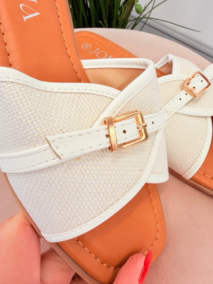 Ladies Fashion White Hessian Buckle Slider Sandals