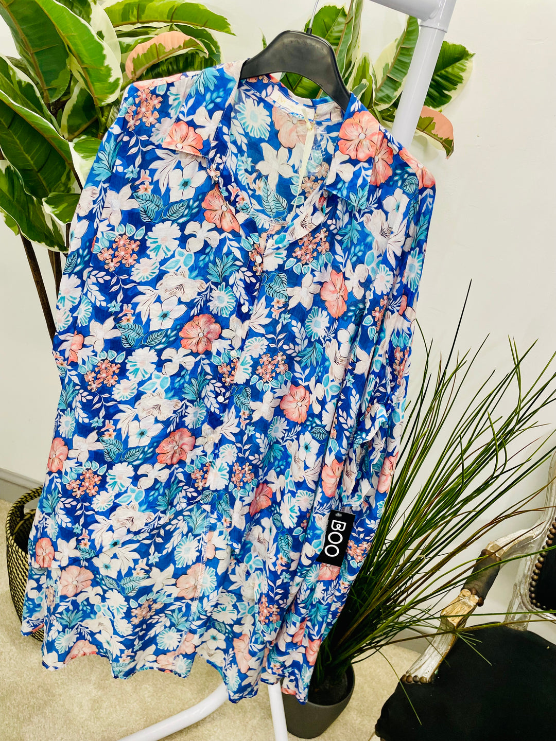 LADIES OVERSIZE BLUE & RED FLOWER PRINT FLOATY TOP