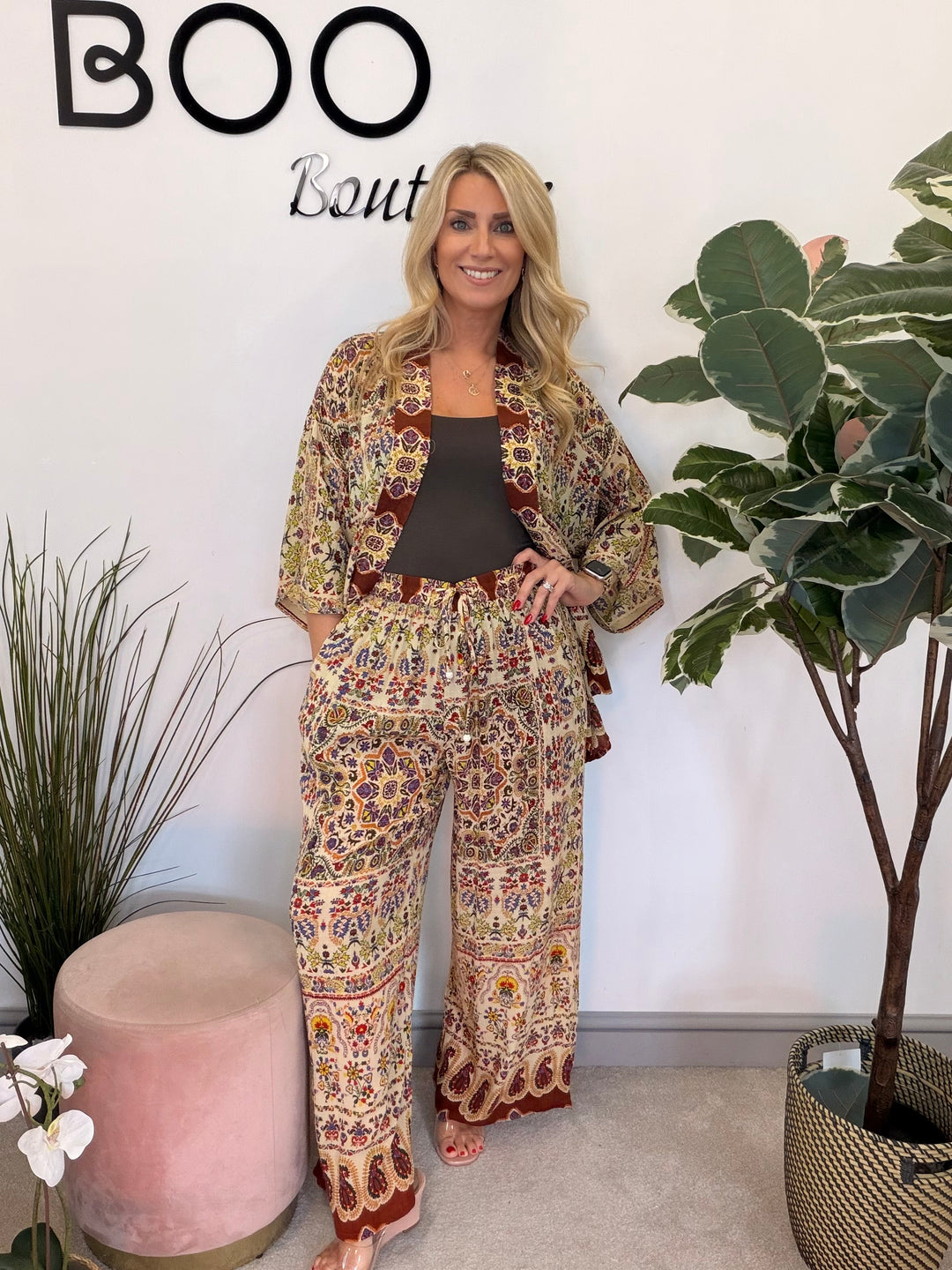 Ladies Moroccan Print Wide Leg Trouser Kimono Jacket Co Ord Set