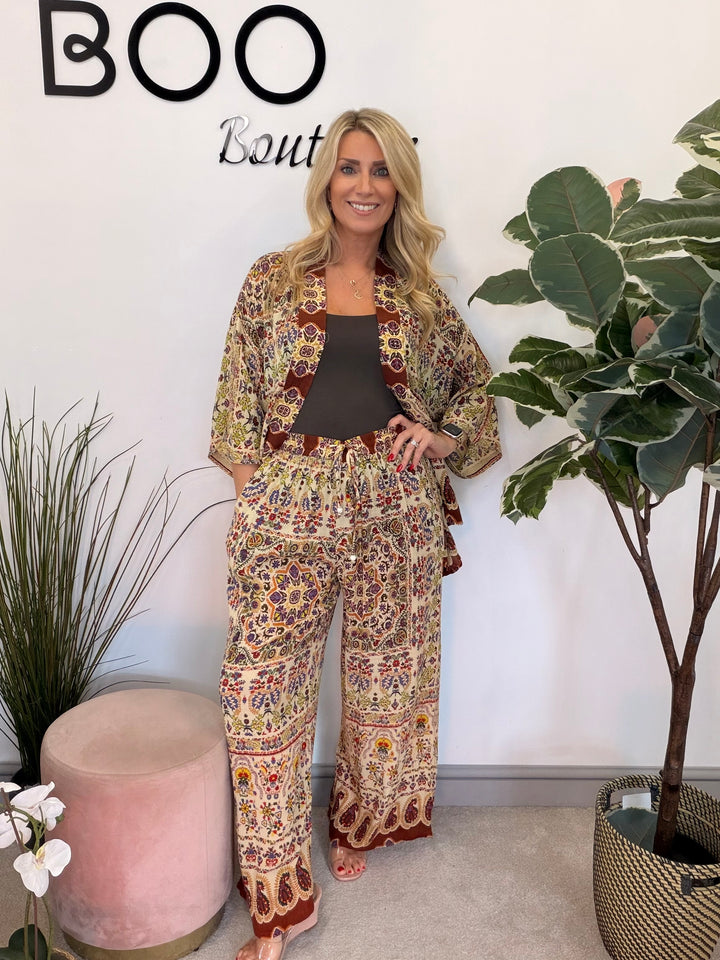 Ladies Moroccan Print Wide Leg Trouser Kimono Jacket Co Ord Set