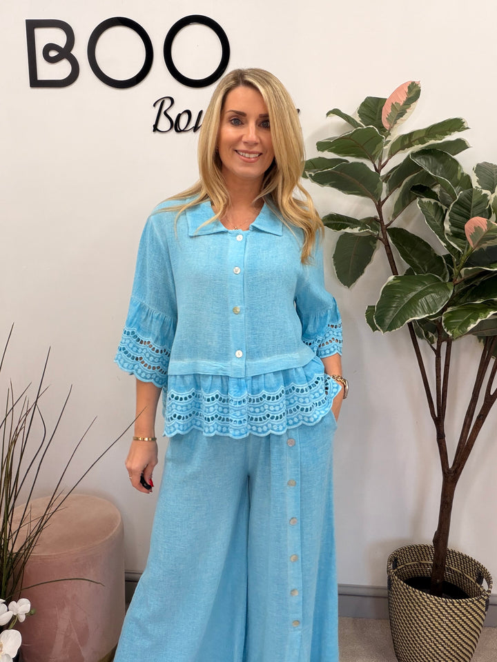 Ladies Fashion Broderie Anglaise Teabag Linen Top turquoise