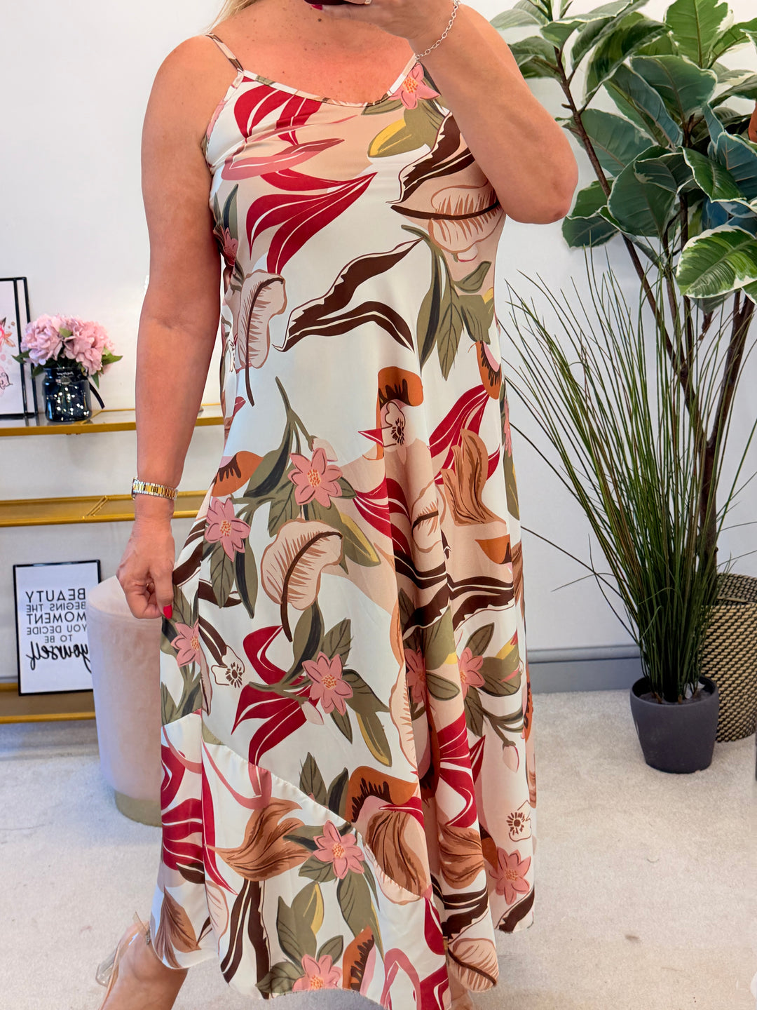 Ladies Cream Red Leaf Print Satin Summer Maxi Strappy Dress