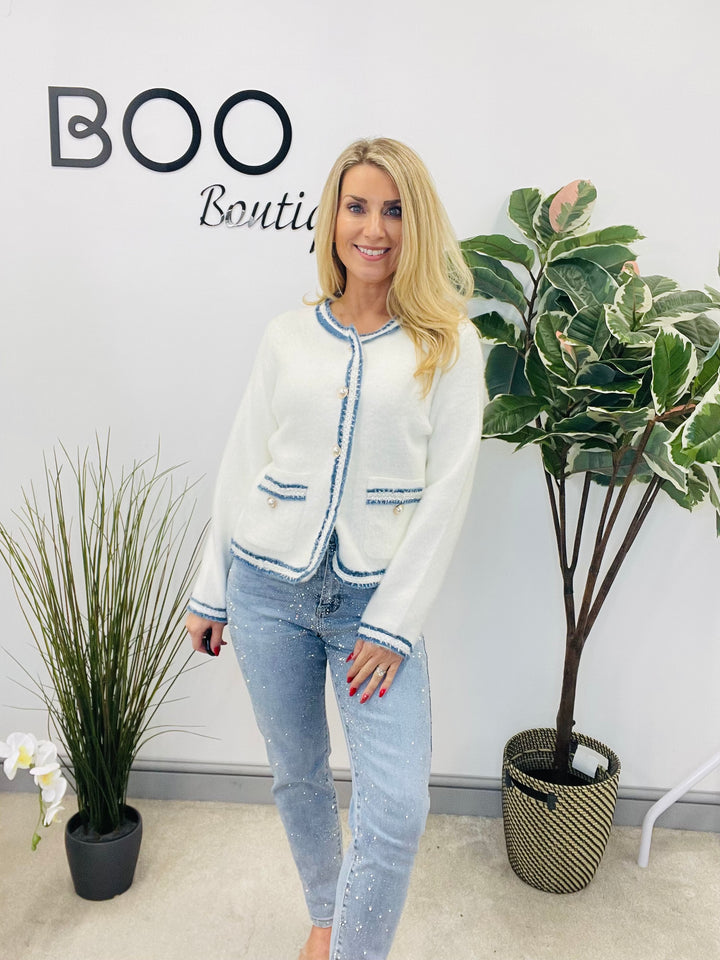 LADIES FLUFFY WHITE INSPIRED DENIM EDGE CARDIGAN