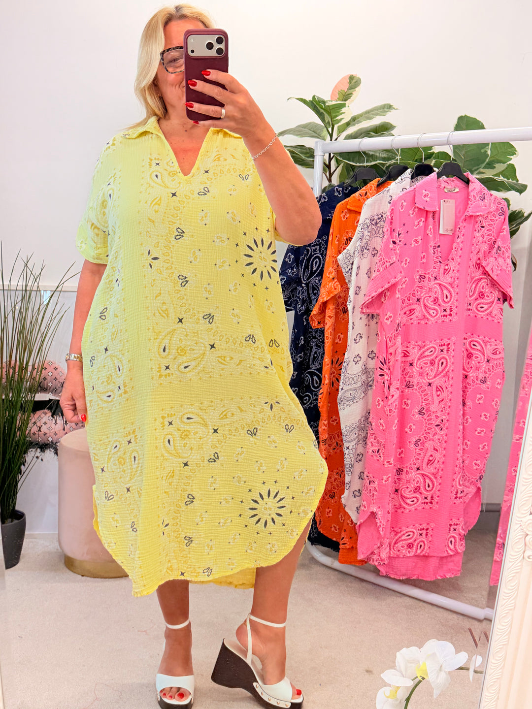 Ladies Cheesecloth Bandana Print Shift Summer Dress - Pink, White, Navy, Lemon & Orange