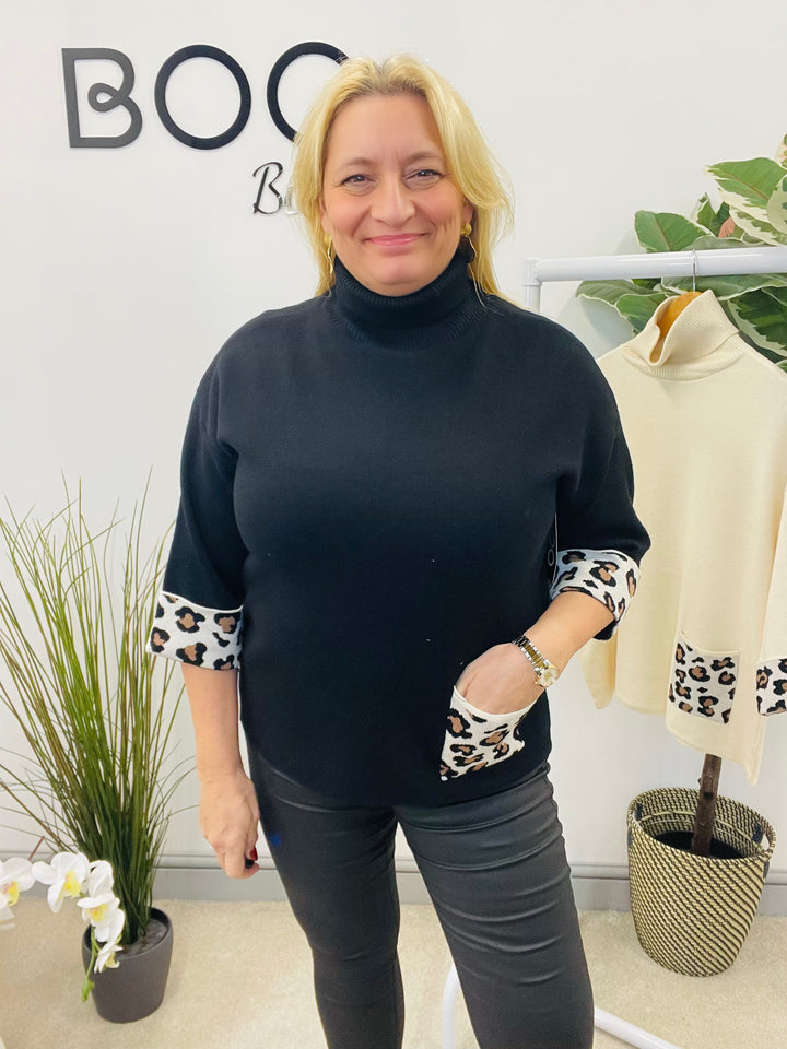 LADIES SOFT KNIT JUMPER WITH LEOPARD PRINT - BLACK & CREAM