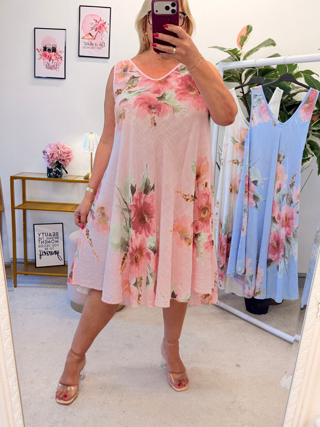 Ladies Flower Print Cotton Sun Dress - White, Pink, Blue