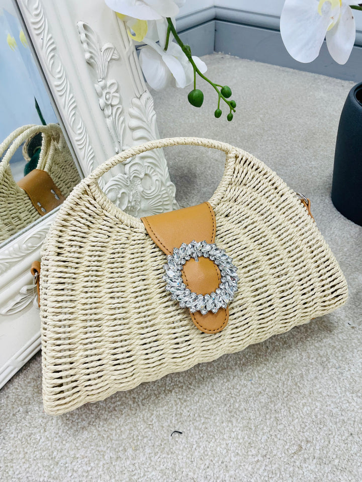 LADIES WOMENS CREAM BEIGE RAFFIA DIAMANTE CLUTCH HOLIDAY SUMMER BAG
