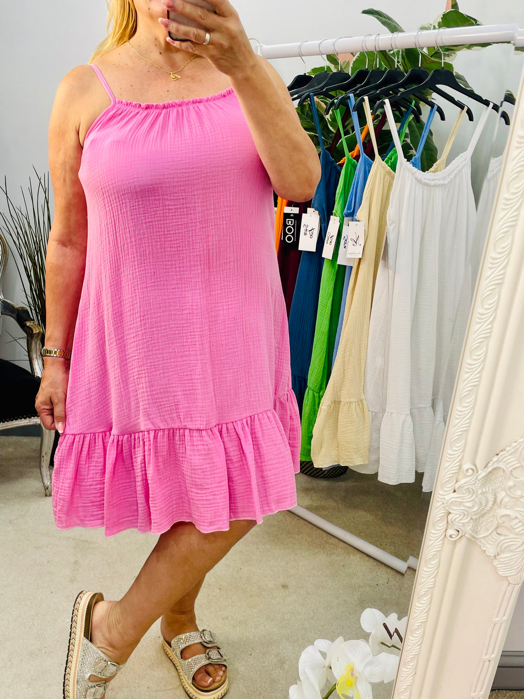 LADIES CHEESECLOTH SUMMER CAMI DAY DRESS CANDY PINK