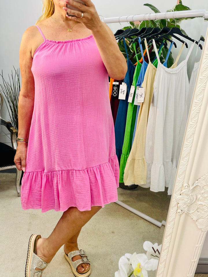 LADIES CHEESECLOTH SUMMER CAMI DAY DRESS CANDY PINK