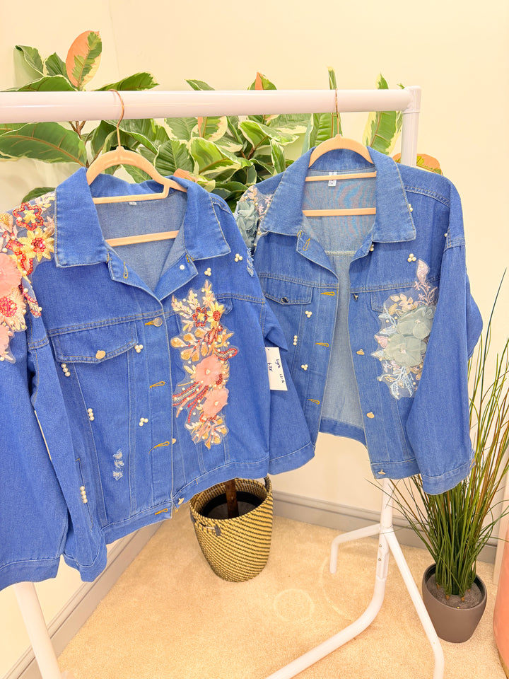 Ladies Blue Denim Applique Flower & Pearl Jacket - Pink & Mint