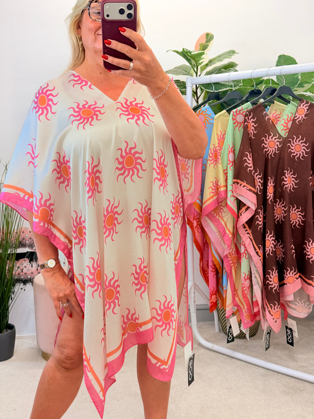 Ladies Fashion Silky Sun Print Kaftan Beach Cover Up Top 