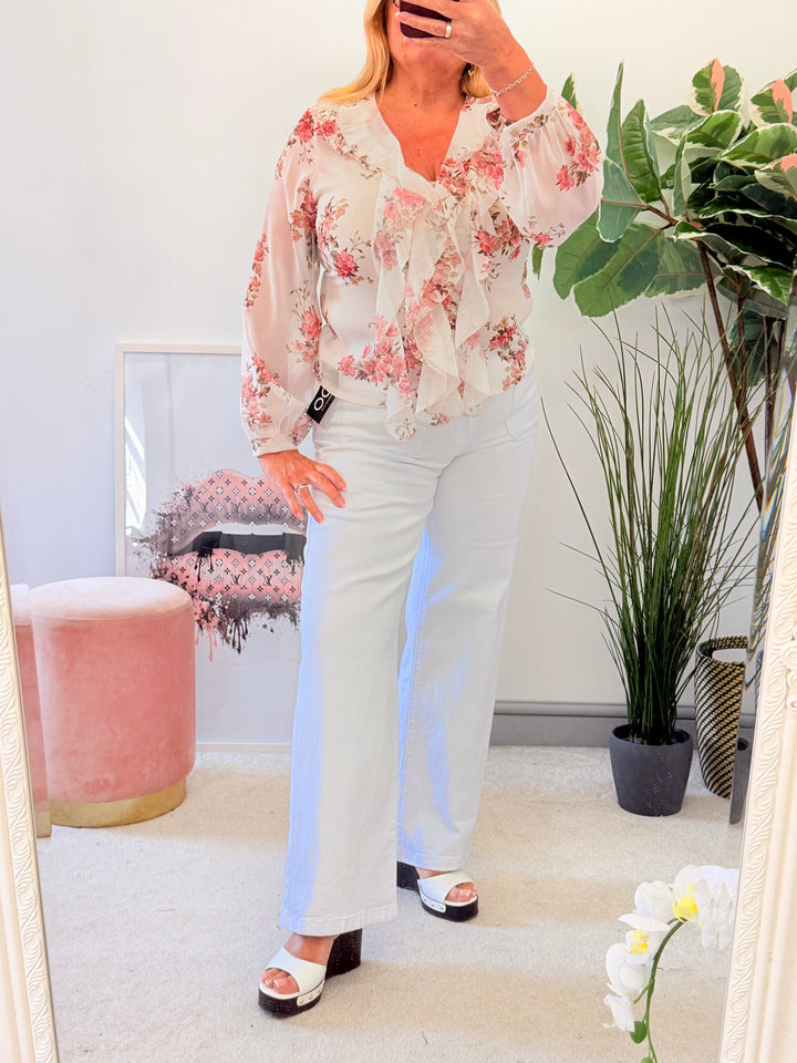 Ladies Chiffon Floral Print Blouse Top - Pink, Blue, Lemon, White
