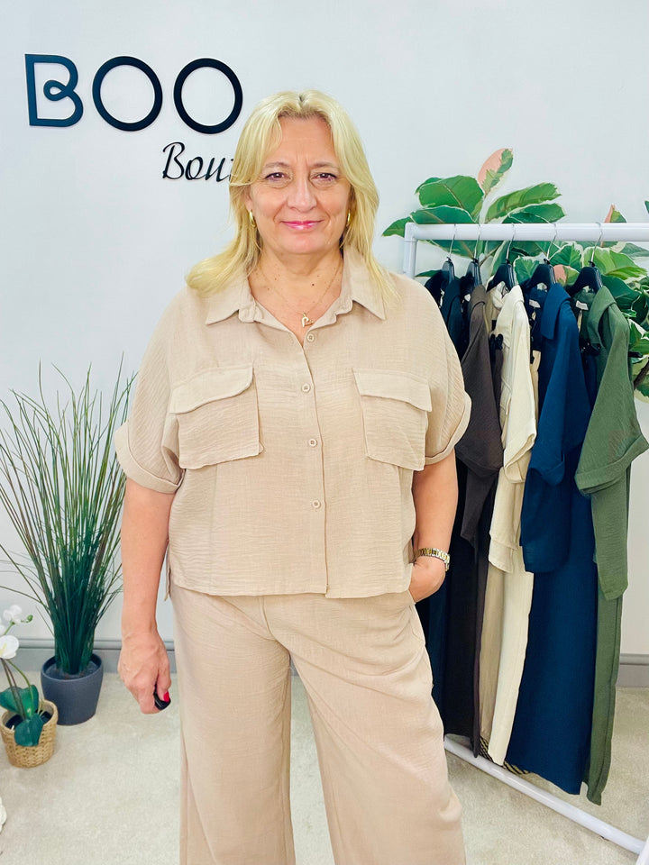 LADIES WIDE LEG TROUSER, CARGO TOP CO ORD SET - KHAKI, BLACK, BROWN, NAVY, CREAM, BEIGE