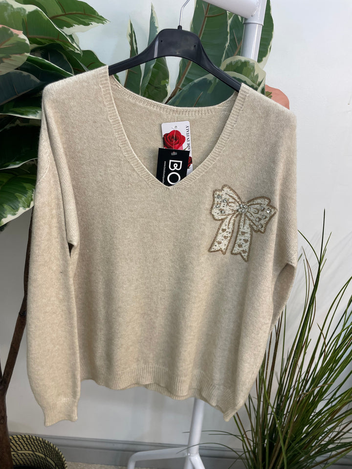 LADIES SOFT KNIT V NECK BOW JUMPER - WHITE, BEIGE & BLACK