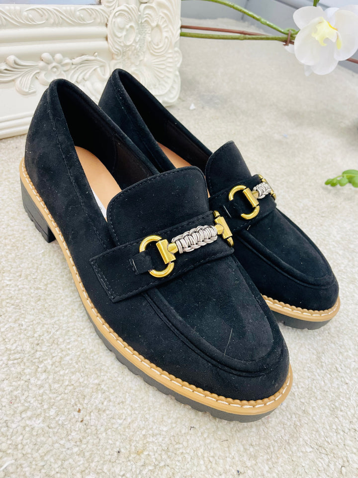 LADIES WOMENS BLACK FAUX SUEDE FLAT LOAFER BROGUE SHOES
