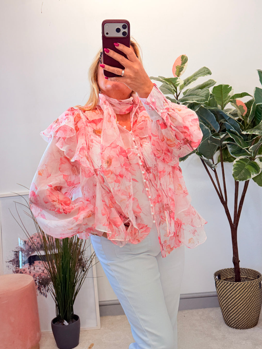 Ladies Sheer Pink Frill Blouse Top