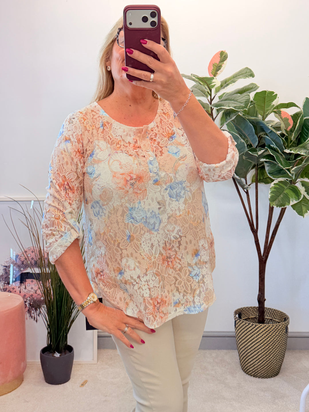 Ladies Lace Grandad Top - Khaki, Pink, Beige & White