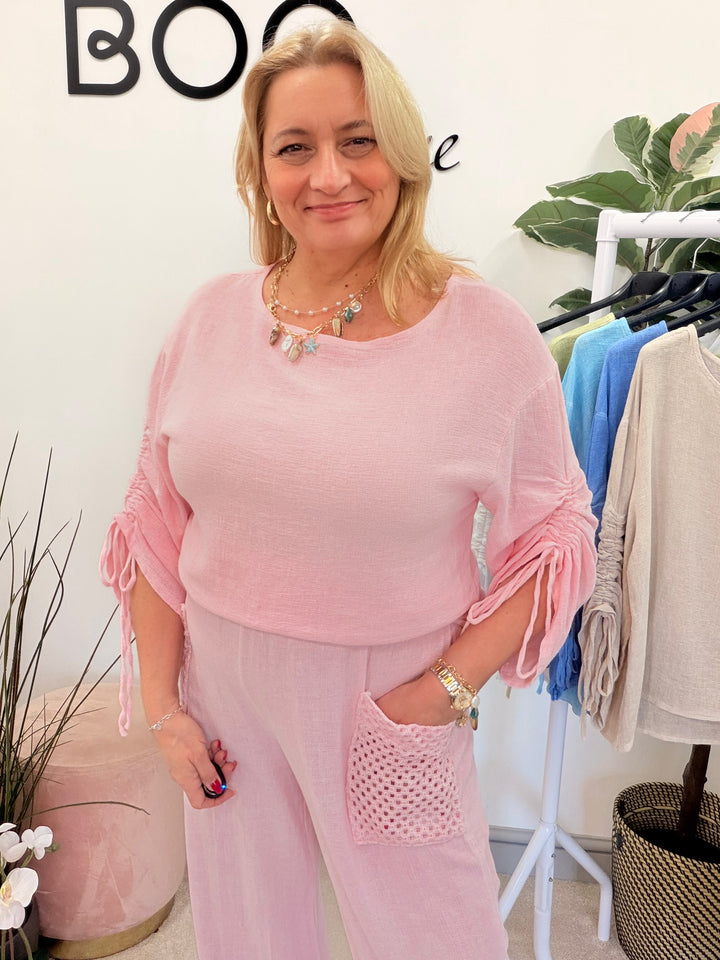 Ladies Fashion Ruche Sleeve Teabag Linen Top candy pink