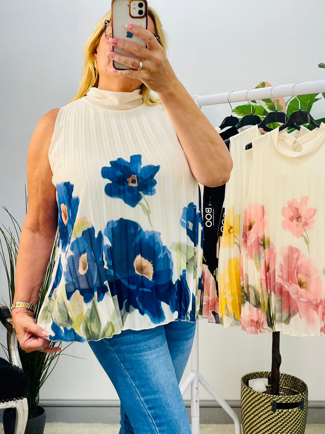 LADIES PLEATED FLOWER PRINT CHIFFON TOP - BLACK, KHAKI, LEMON, PINK & NAVY