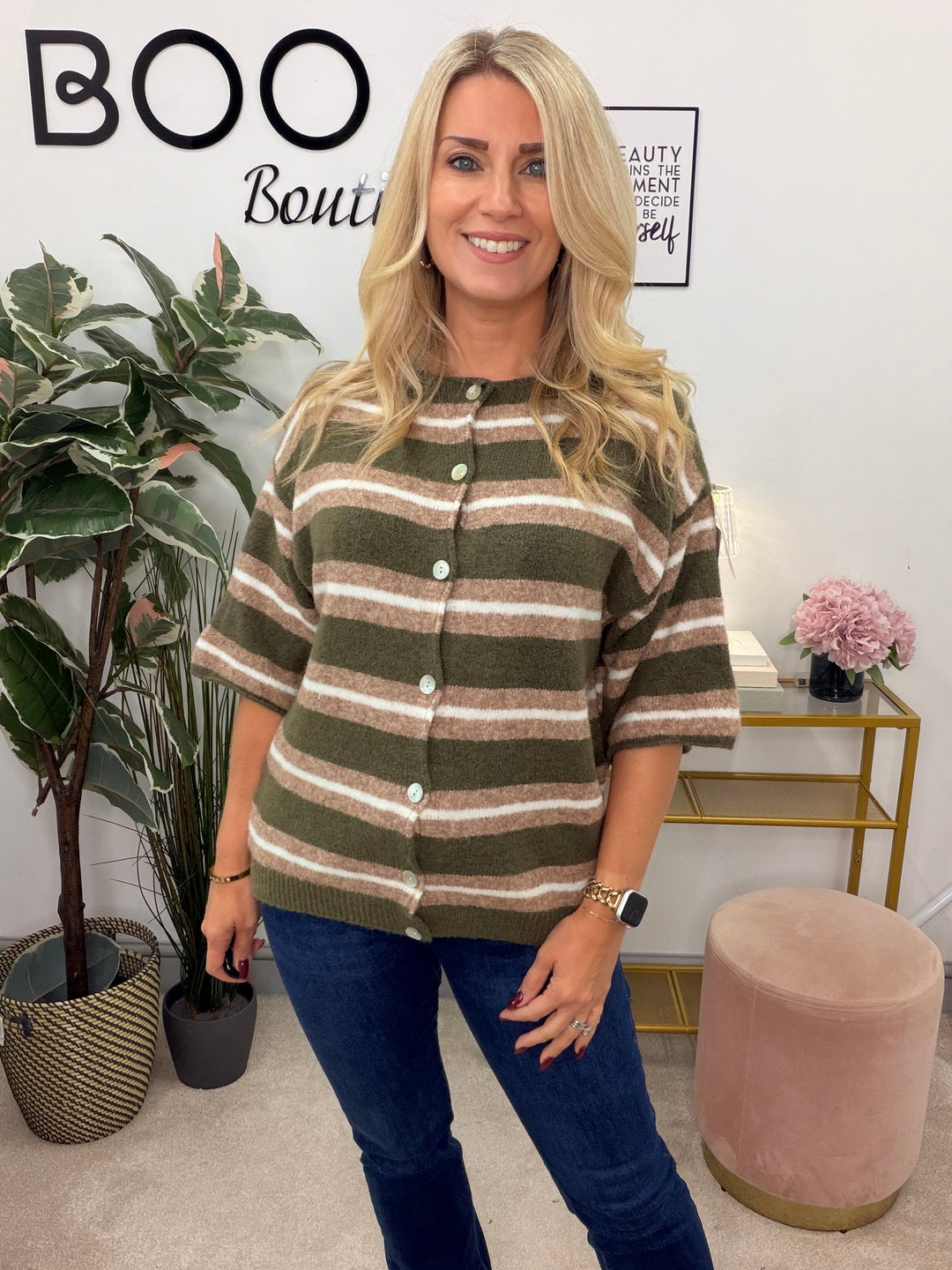 Ladies Fashion Stripe Short Sleeve Cardigan Jumper - Khaki, Camel & Black