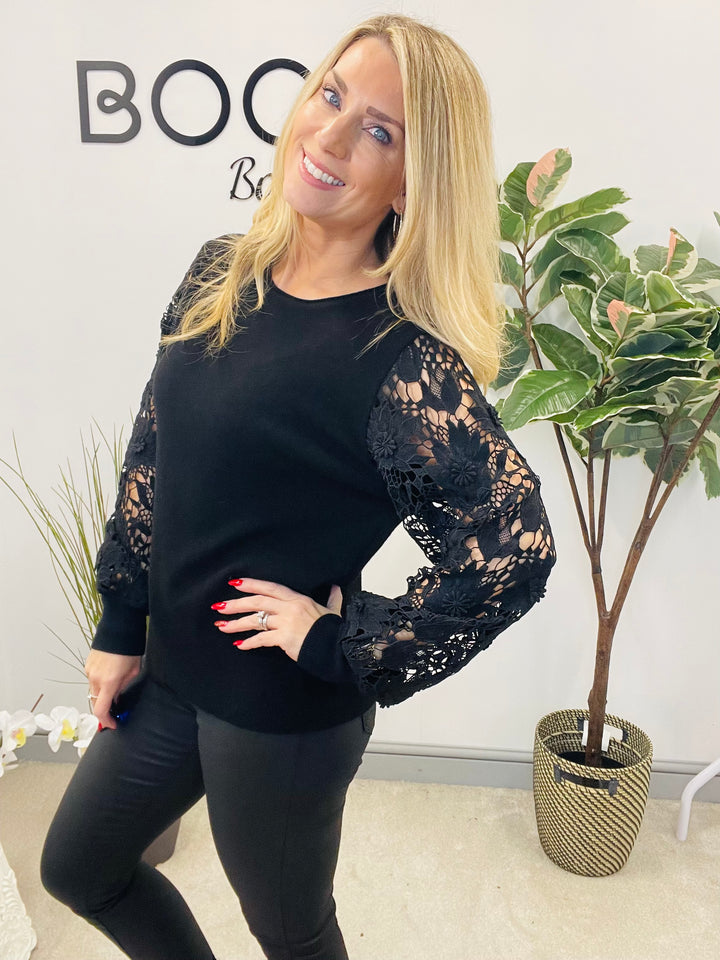 LADIES LACE SLEEVE JUMPER - BLACK, PINK, RED, BERRY,  BROWN & BEIGE