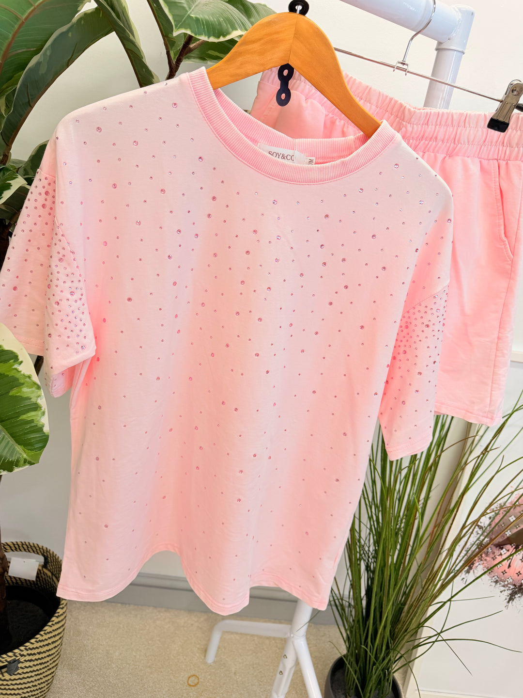 Ladies Fashion Sparkly Sweatshirt Shorts Co Ord Set - Pink, White, Charcoal & Lemon