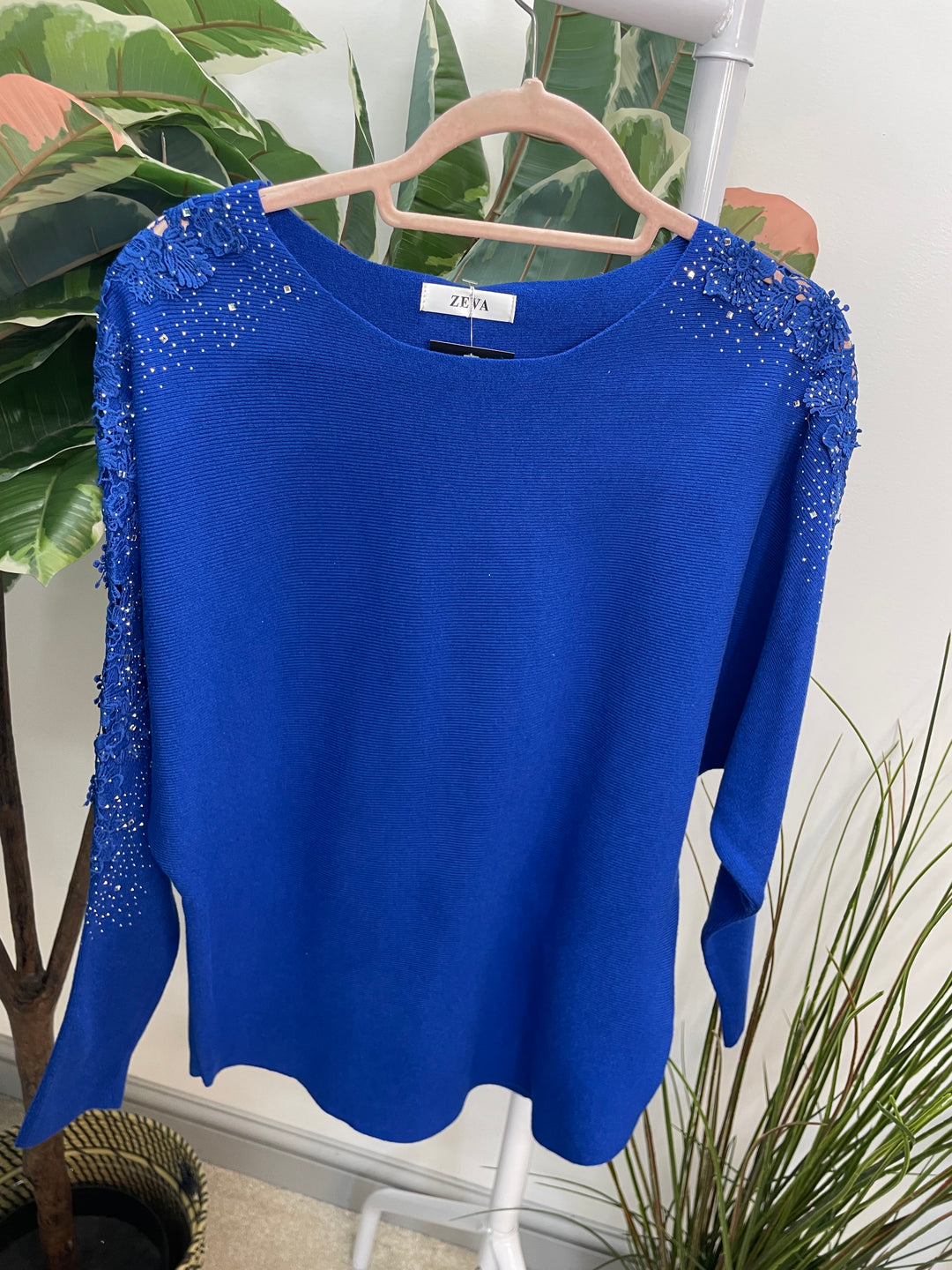 LADIES DIAMANTE SLEEVE BATWING JUMPER BLUE