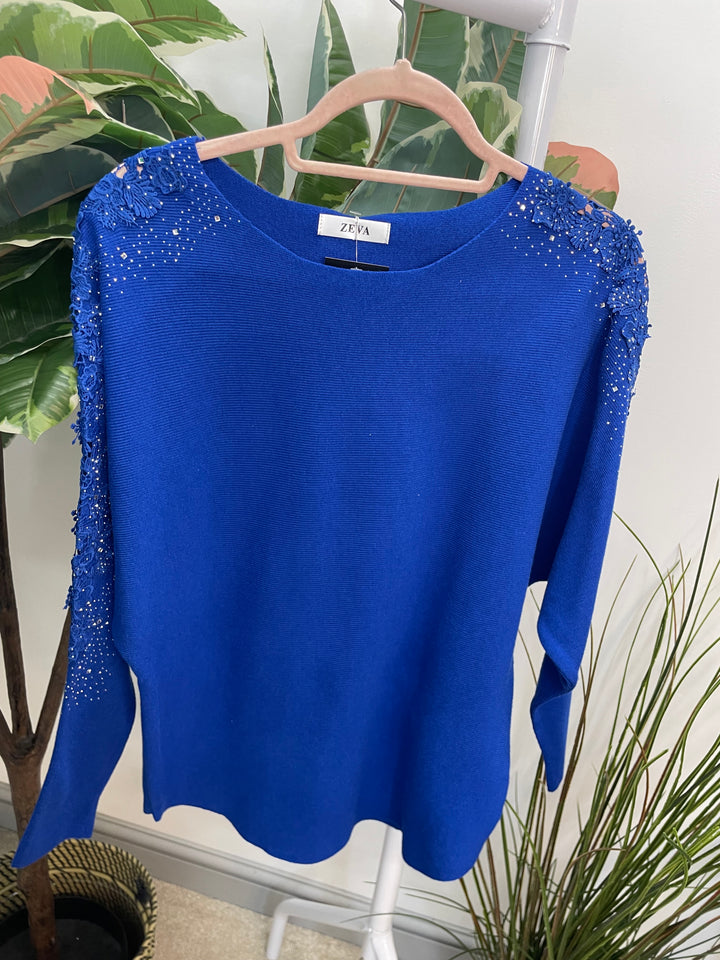 LADIES DIAMANTE SLEEVE BATWING JUMPER BLUE