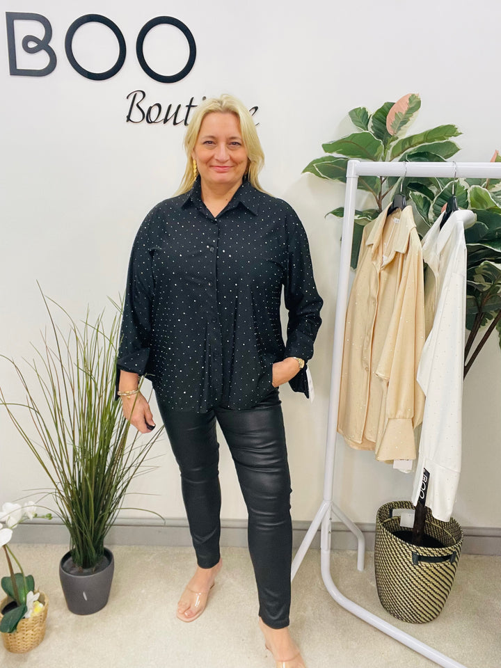 LADIES SPARKLY STRETCH BLOUSE SHIRT - WHITE, BLACK, CHAMPAGNE