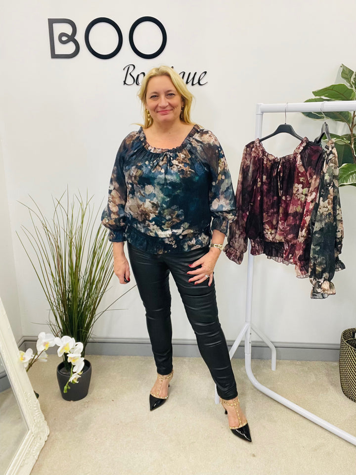 LADIES CHIFFON BARDOT GOING OUT TOP - BURGUNDY, NAVY, BLACK