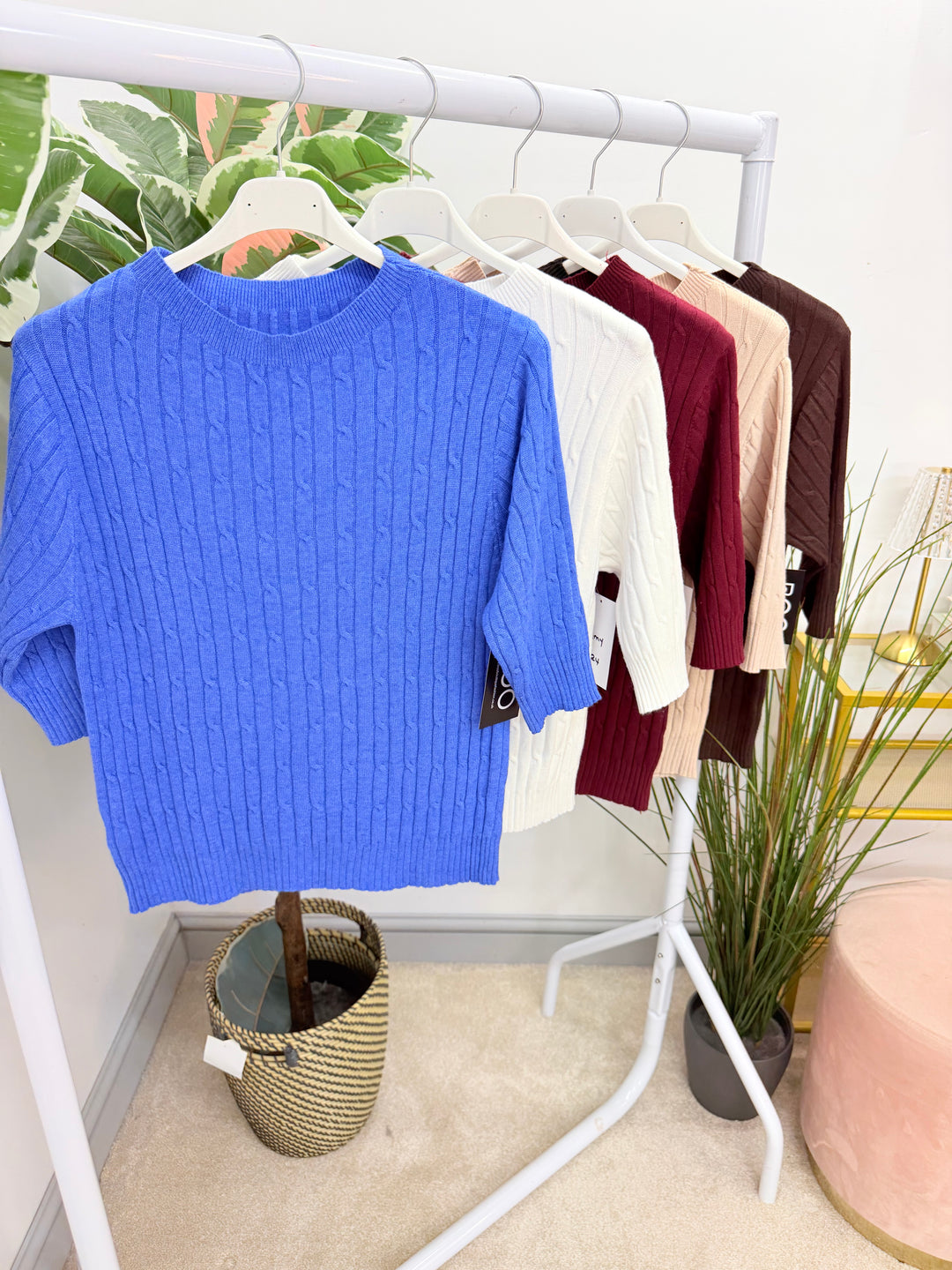 Ladies Inspired Cable Knit Short Sleeve Jumper - Blue, White, Wine, Camel, Brown