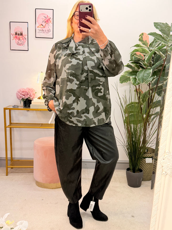 Womens sheer chiffon camouflage high neck blouse top
