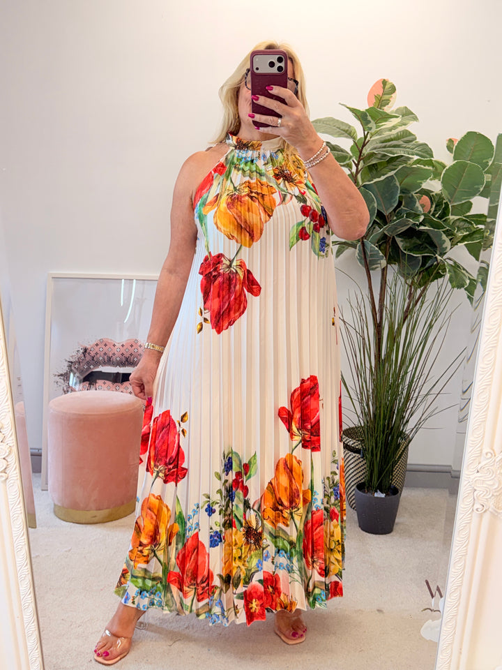 Ladies Satin Pleated Flower Print Summer Maxi Dress - Black, Cream & Blue