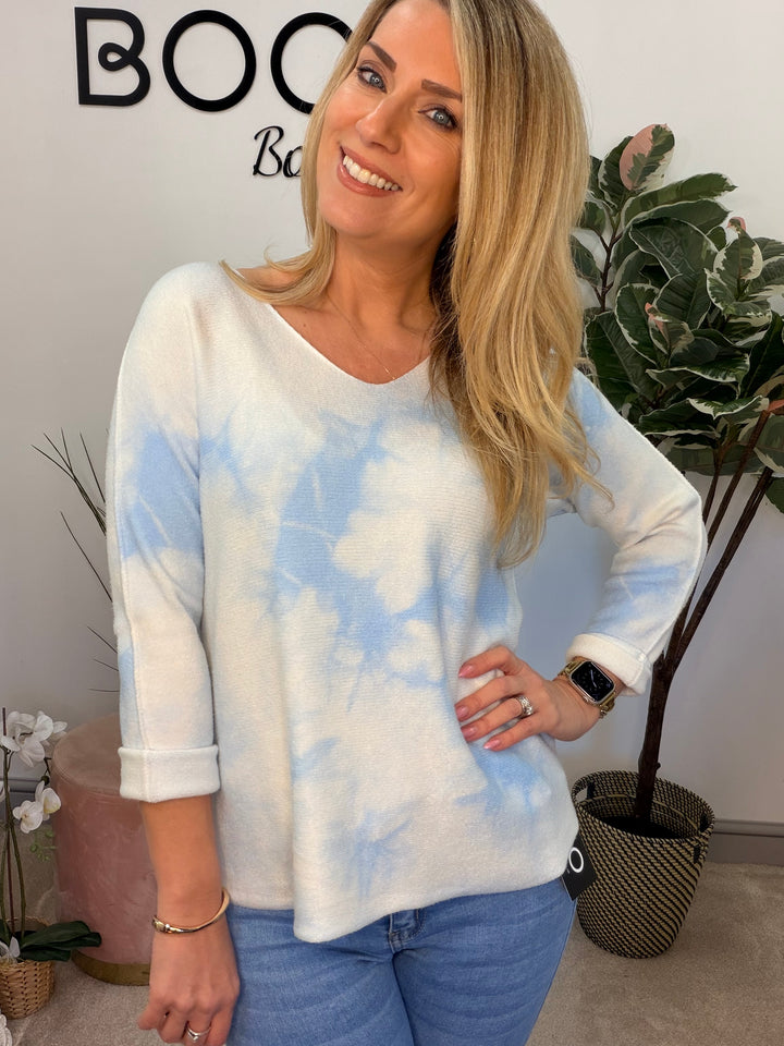 Ladies Fashion Soft Knit White Tye Dye Jumper - pink & blue