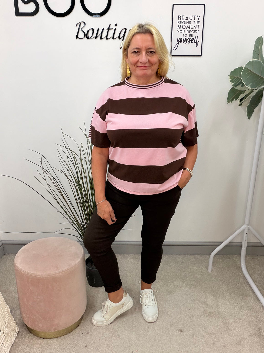 Ladies Colour Block Stripe T Shirt Top - Chocolate/Pink and Pink/Red