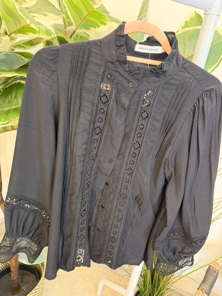 LADIES COTTON LACY BLOUSE SHIRT - WHITE, BLACK, YELLOW  & PINK