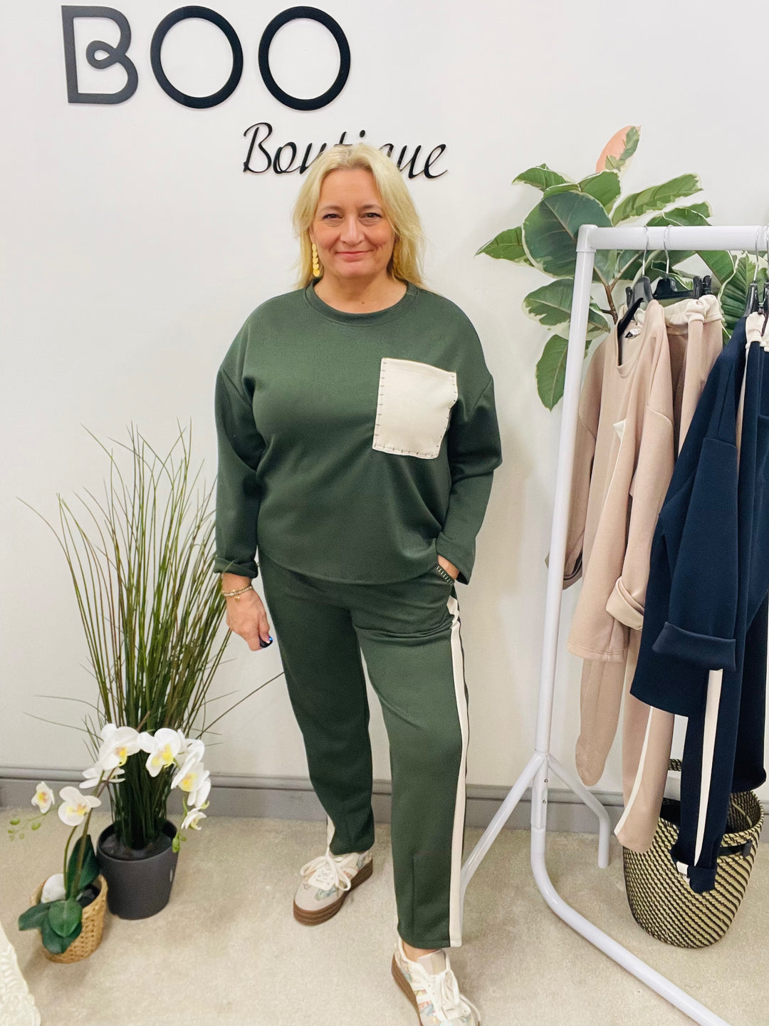 LADIES PATCHWORK POCKET SCUBA TROUSER CO ORD SET - NAVY, KHAKI & BEIGE