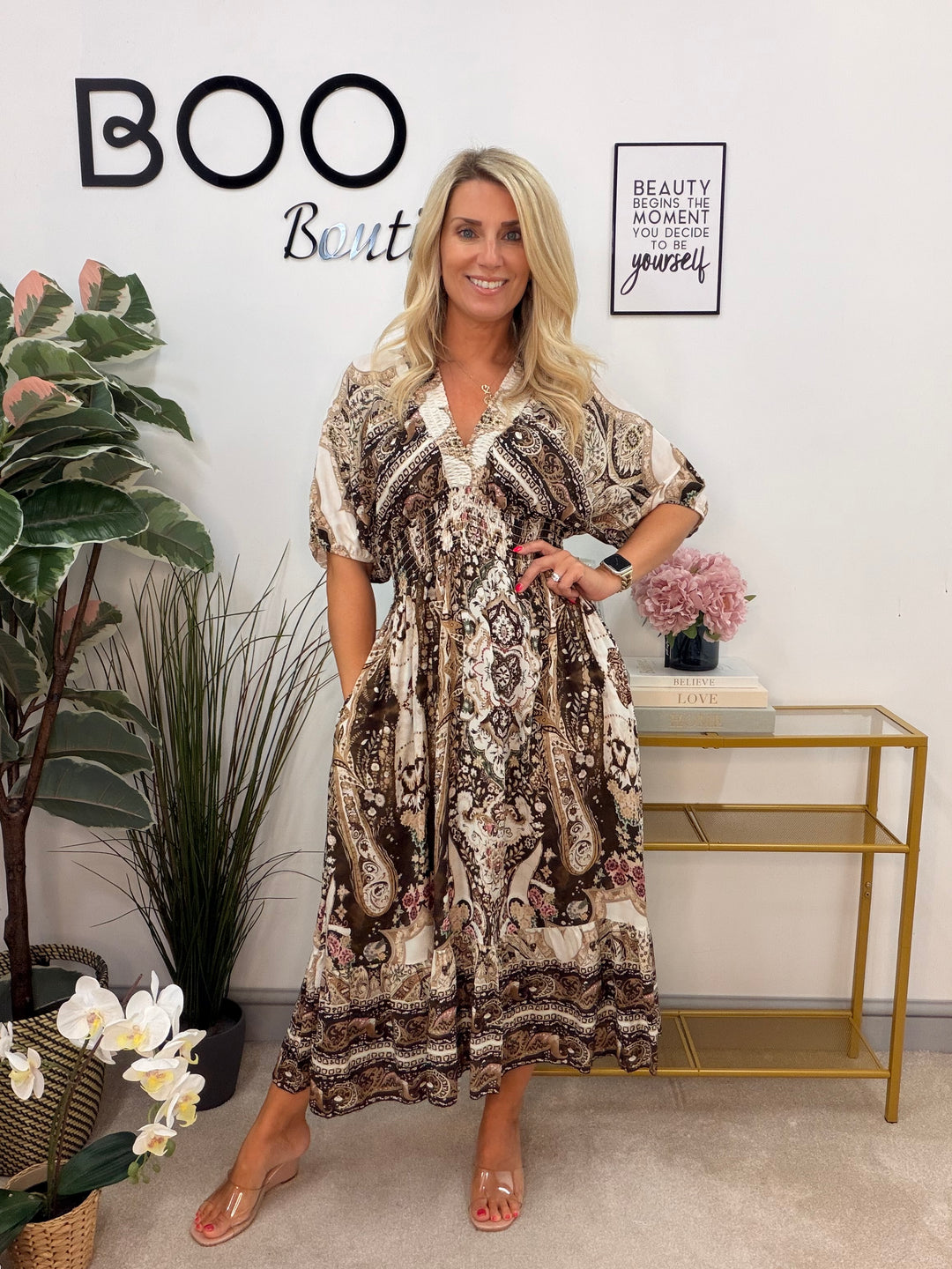 Ladies Fashion Brown & Beige Magic Midi Dress