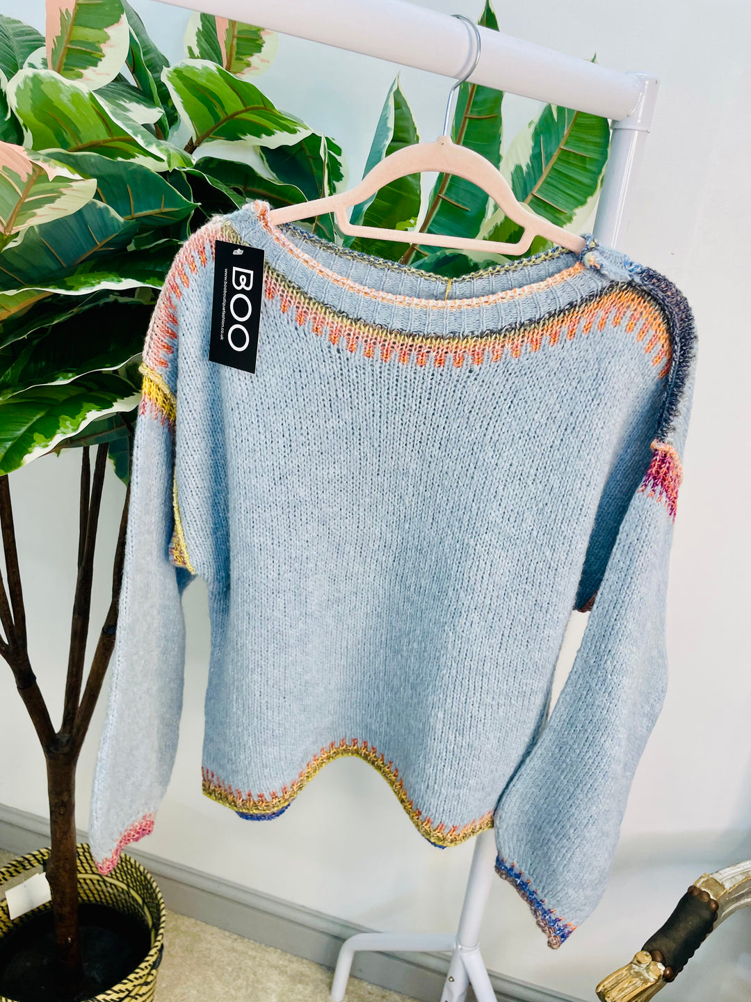 LADIES WINTER CONTRAST STITCH KNIT JUMPER - CREAM, KHAKI & BLUE