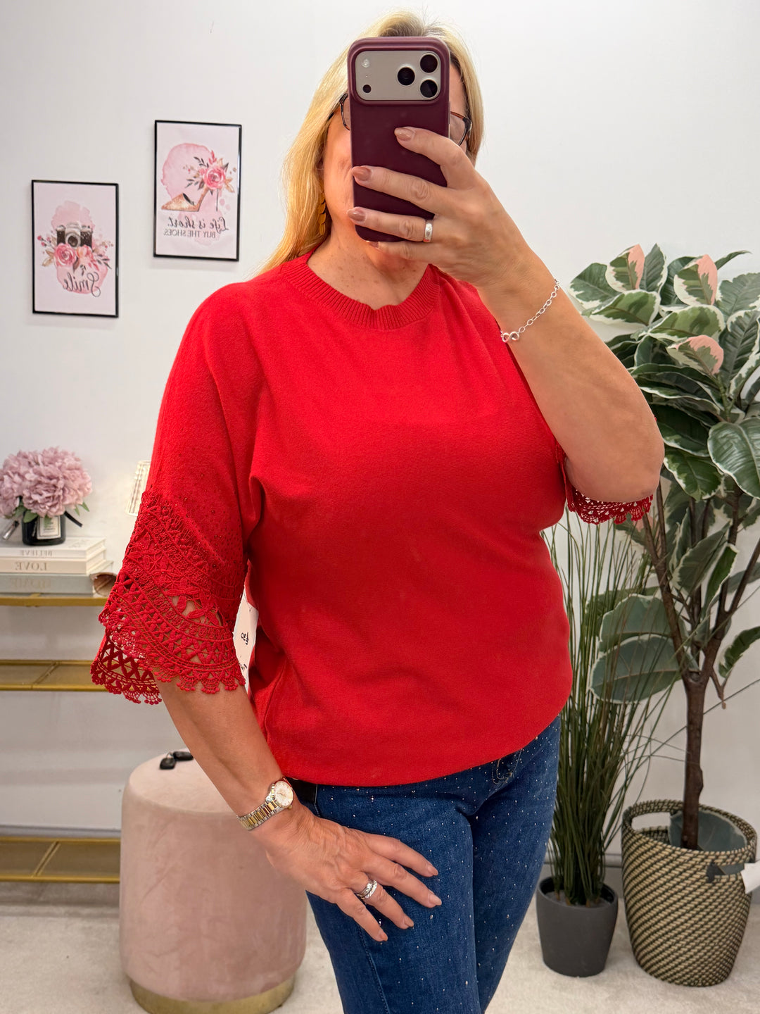 Ladies Diamante & Lace Short Sleeve Jumper - Black, Cream & Red