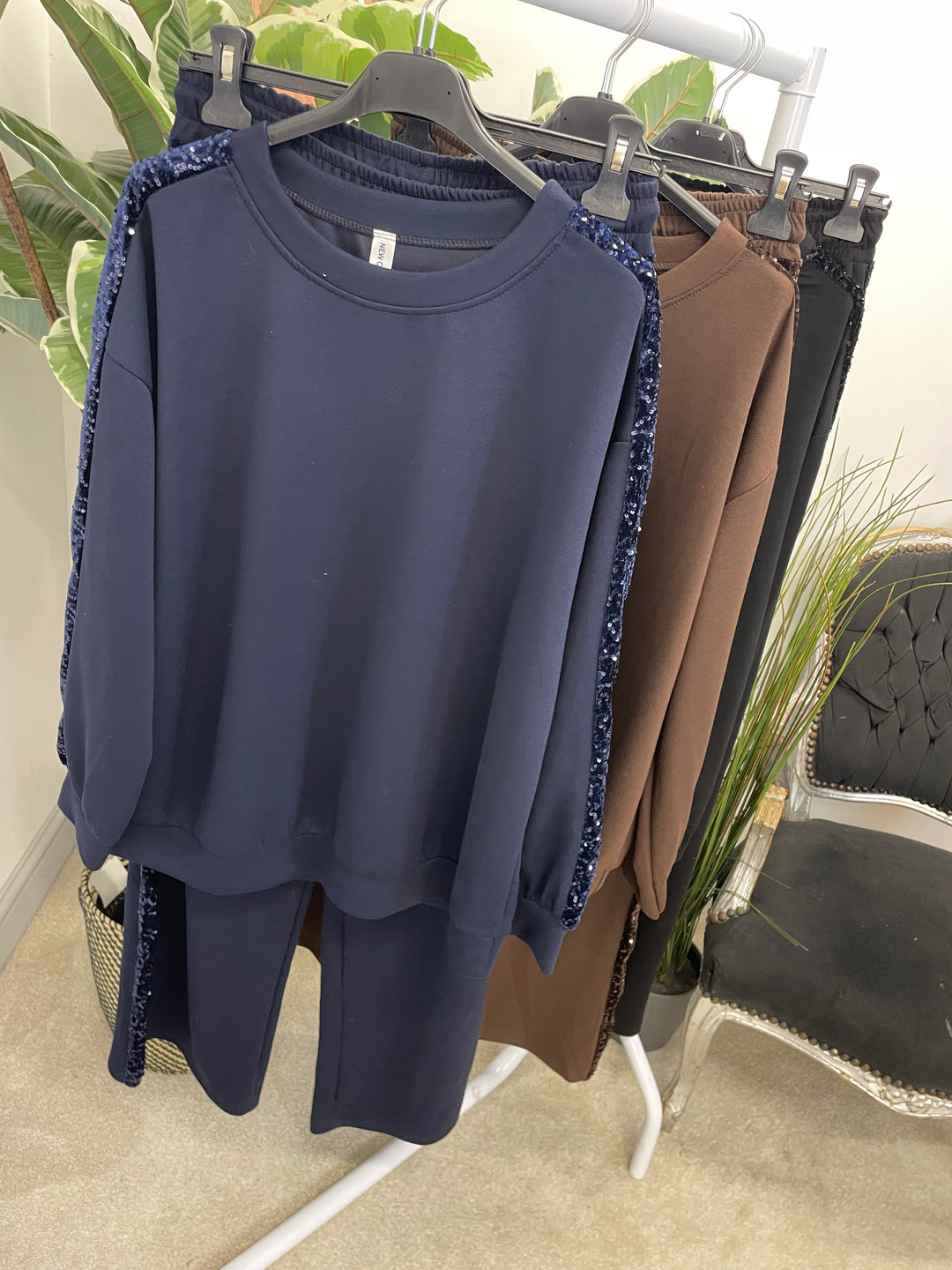 LADIES SEQUIN SCUBA WIDE LEG TROUSER CO ORD SET - BROWN, BLACK, NAVY