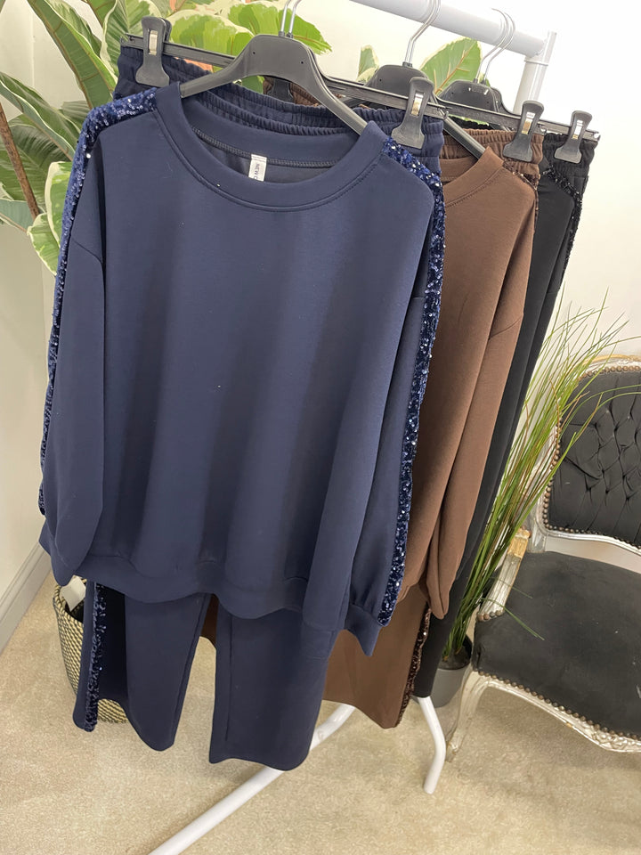 LADIES SEQUIN SCUBA WIDE LEG TROUSER CO ORD SET - BROWN, BLACK, NAVY