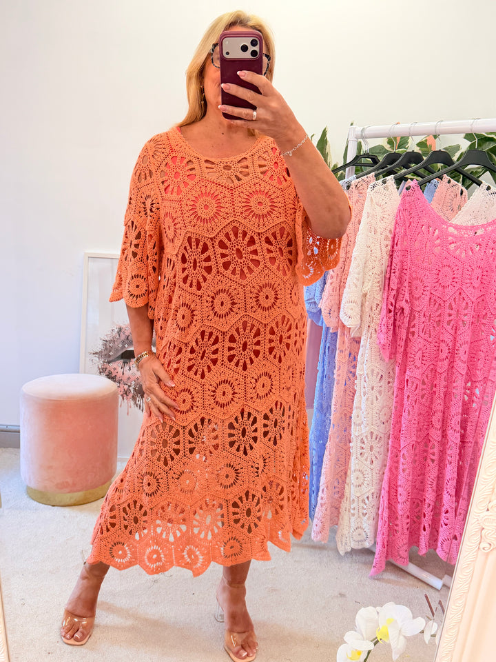 Ladies Fashion Crochet Beach Summer Maxi Dress - Blue, Pink, Fuschia, Orange, White