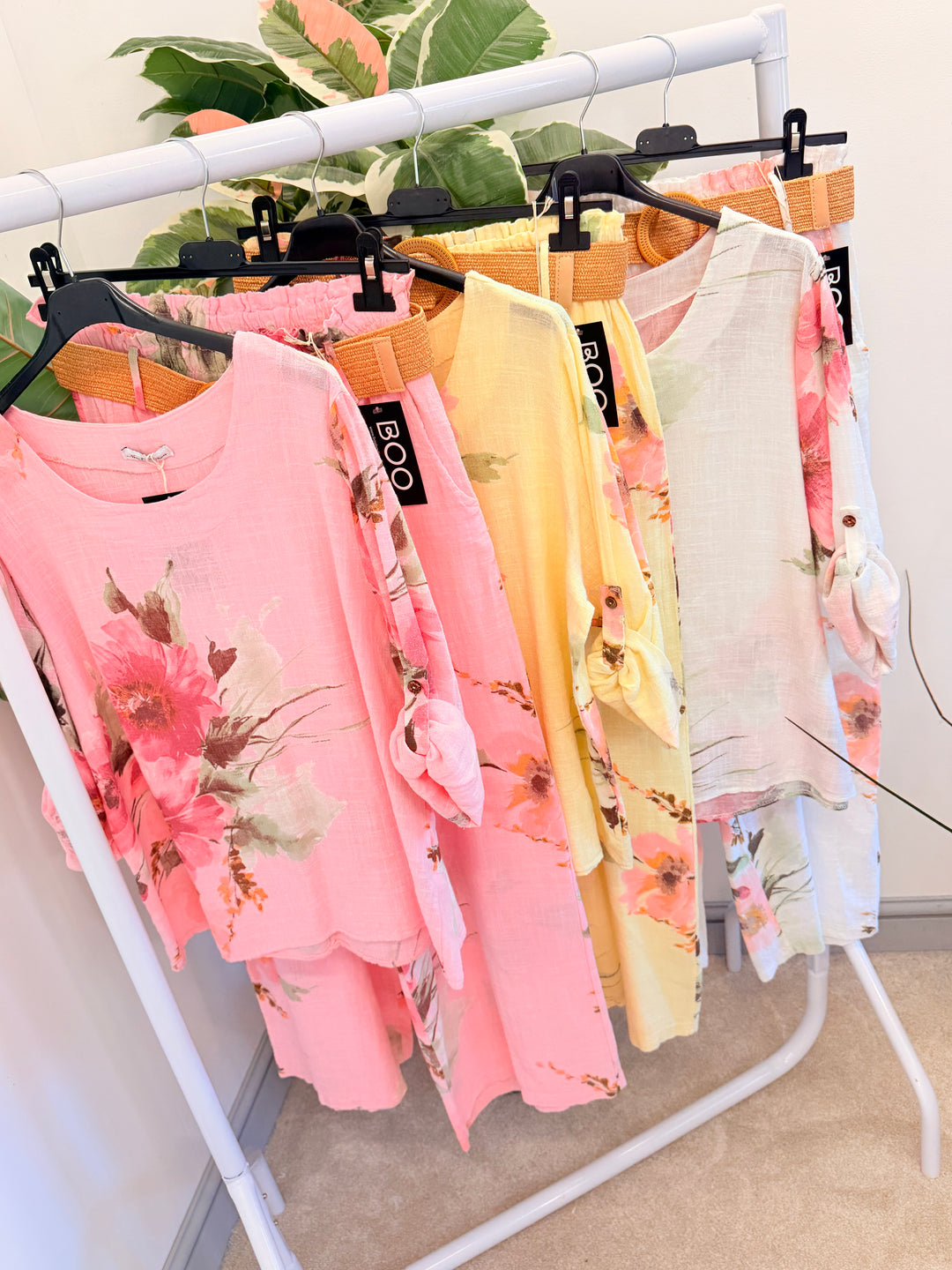 Ladies Fashion Flower Print Light Linen Wide Leg Trousers - White, Pink & Lemon