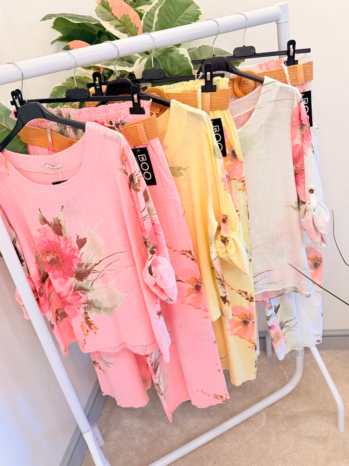 Ladies Fashion Flower Print Light Linen Wide Leg Trousers - White, Pink & Lemon